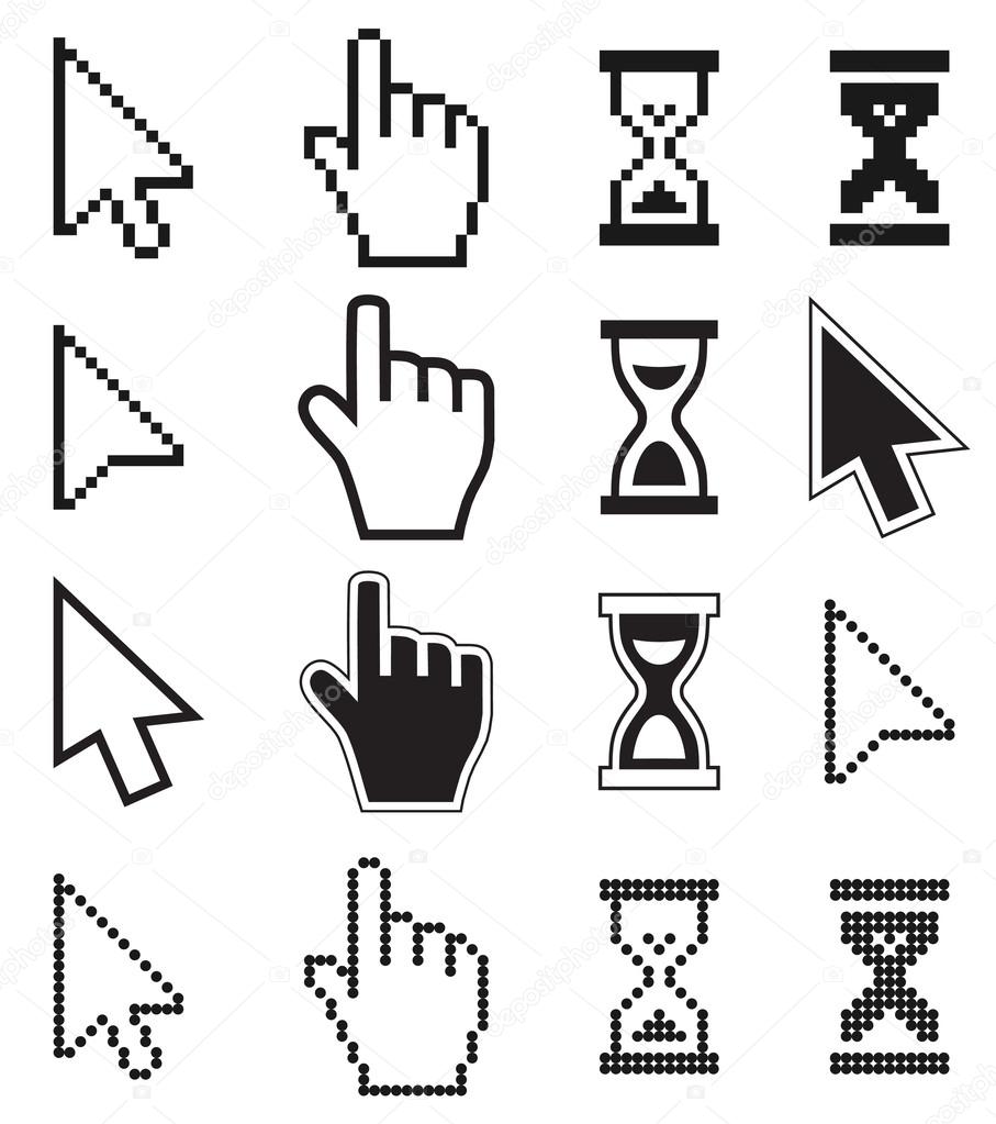 Pixel cursors icons- mouse hand arrow hourglass. 