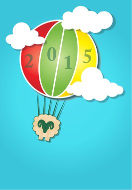 Hot air balloon in the sky and Happy New Year Sheep 2015 design card.  clipart