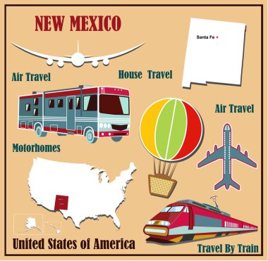 düz new Mexico'da araba ve tren tarafından hava yolculuğu için ABD Haritası. 