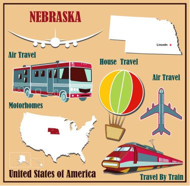 Hava yolculuğu araba ve tren için ABD nebraska düz Haritası. 
