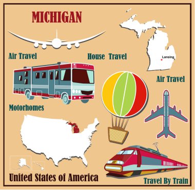 Hava yolculuğu araba ve tren için ABD michigan'ın düz Haritası. 