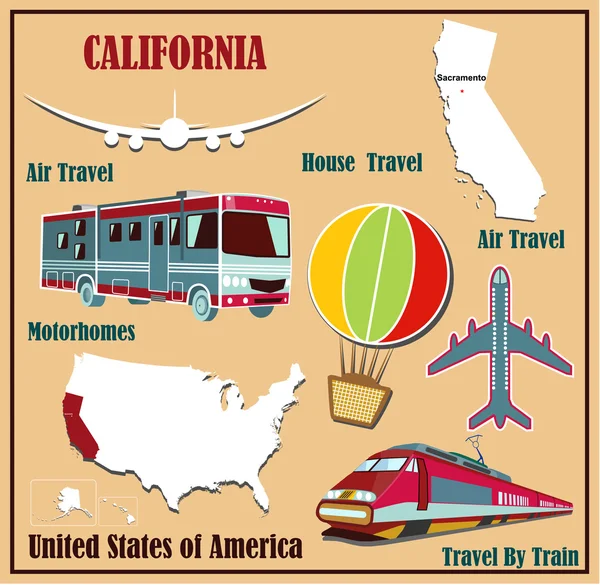 美国加利福尼亚州在美国的空中旅行和汽车、 火车的平面地图. — 图库矢量图片