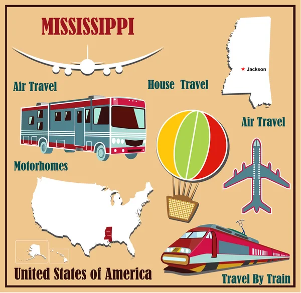 Vlakke kaart van mississippi in de VS voor lucht reizen per auto en trein. — Stockvector