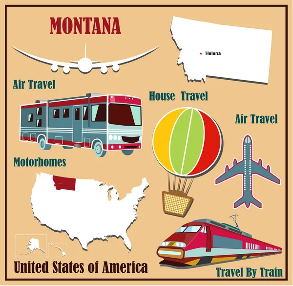 Mapa plano de Montana en los Estados Unidos para el transporte aéreo en coche y tren . — Archivo Imágenes Vectoriales