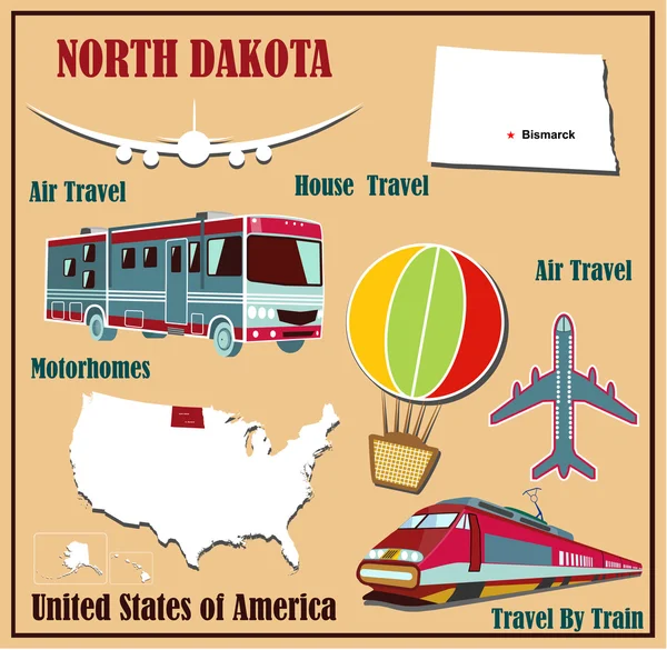 Flat map of North Dakota in the U.S. for air travel by car and train. — Stock Vector