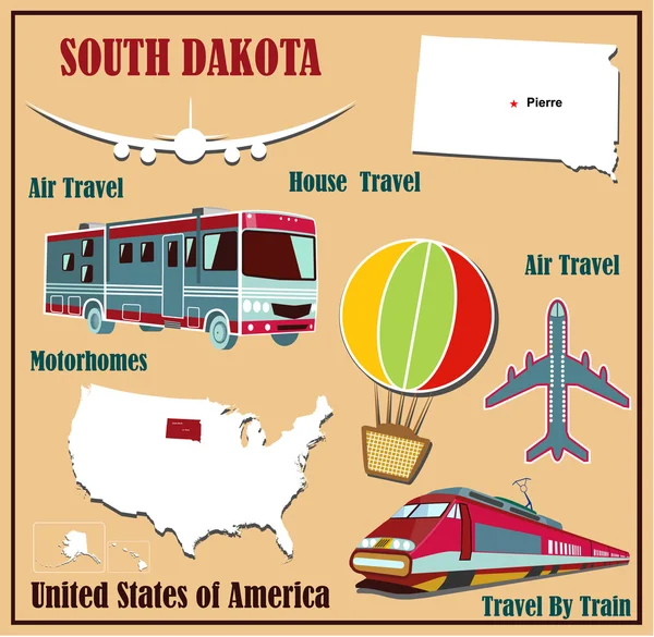 Mapa plano de Dakota do Sul nos Estados Unidos para o transporte aéreo de carro e trem . — Vetor de Stock