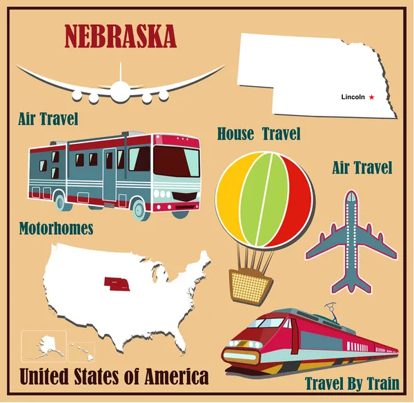 Flache Karte von Nebraska in den USA für Flugreisen mit Auto und Bahn. — Stockvektor