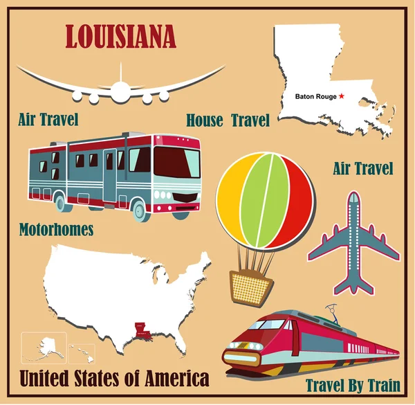 Mapa plano de Louisiana nos Estados Unidos para o transporte aéreo de carro e trem . — Vetor de Stock