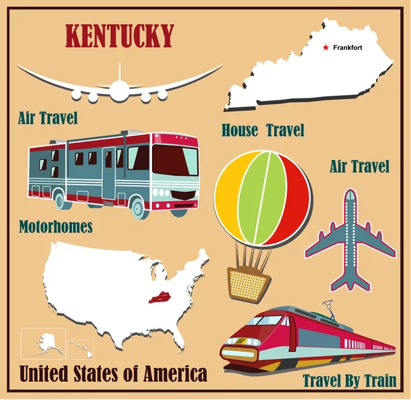 Flat map of Kentucky in the U.S. for air travel by car and train. — Stock Vector