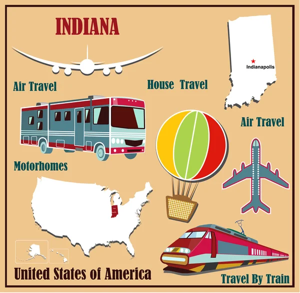 空の旅の車と電車で米国インディアナ州の平らな地図. — ストックベクタ