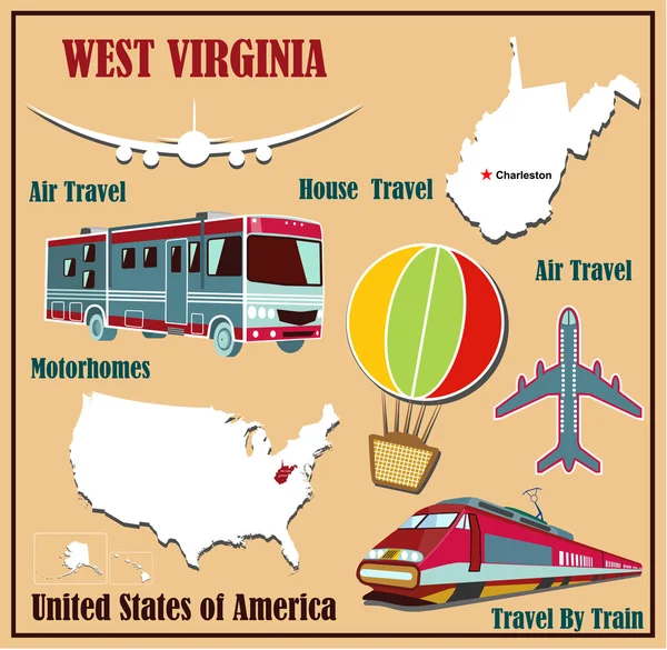 Mapa plano de Virgínia Ocidental nos Estados Unidos para viagens aéreas de carro e trem . — Vetor de Stock