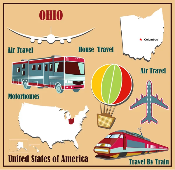 Flat map of Ohio in the U.S. for air travel by car and train. — Stock Vector