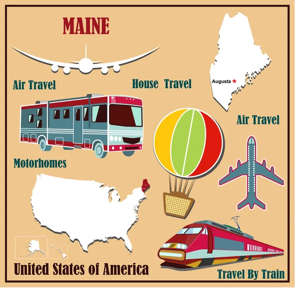 Mapa plano de Maine en los Estados Unidos para el transporte aéreo en coche y tren . — Vector de stock