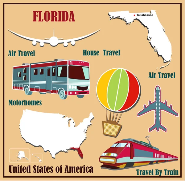 Mapa plano de Florida en los Estados Unidos para el transporte aéreo en coche y tren. V. — Vector de stock