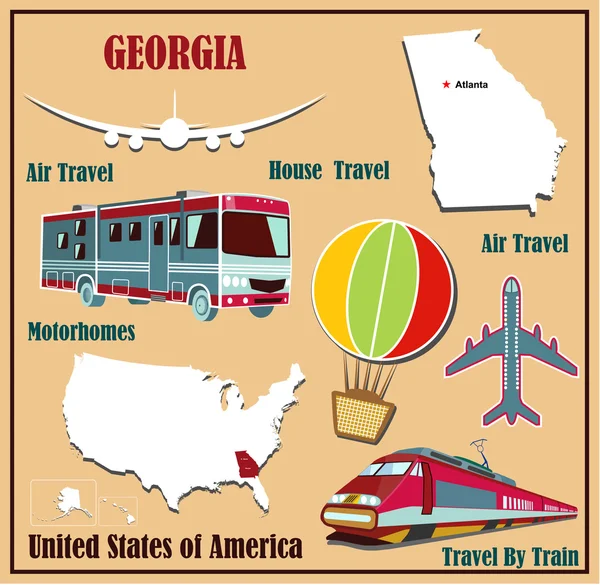 Mapa plano de Geórgia nos Estados Unidos para viagens aéreas de carro e trem . —  Vetores de Stock