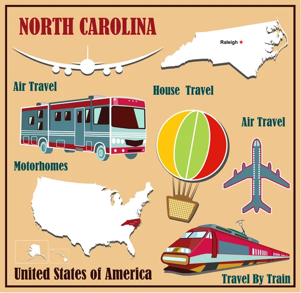 Επίπεδη χάρτη της Βόρειας Καρολίνας στις ΗΠΑ για τα αεροπορικά ταξίδια με το αυτοκίνητο και το τραίνο. — Διανυσματικό Αρχείο