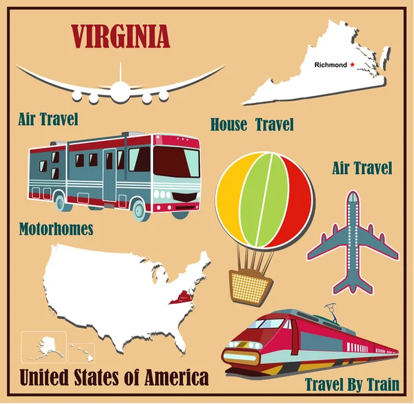 Mapa plano de Virginia en los Estados Unidos para el transporte aéreo en coche y tren . — Vector de stock