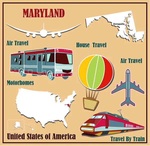 Flat map of Maryland in the U.S. for air travel by car and train. — Stock Vector