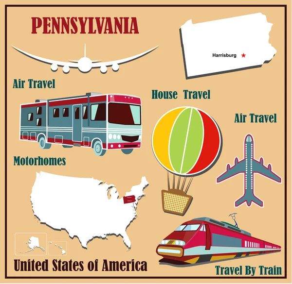 Flat map of Pennsylvania in the U.S. for air travel by car and train. — Stock Vector