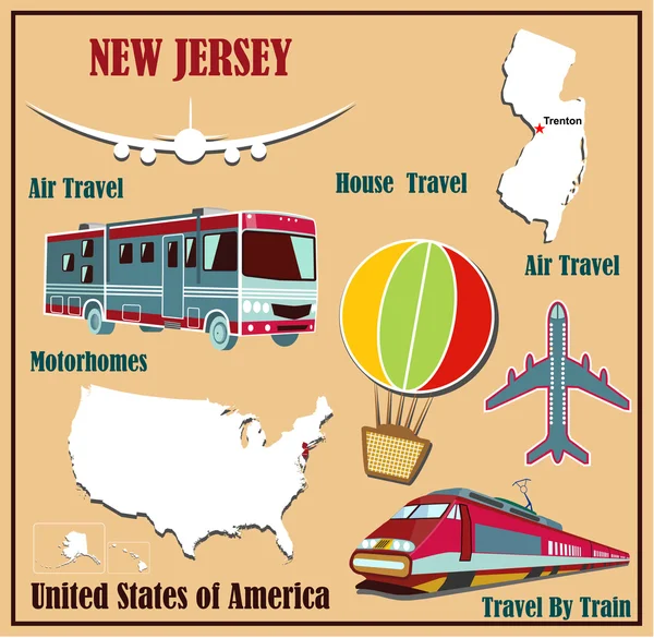 Flat map of New Jersey in the U.S. for air travel by car and train. — Stock Vector