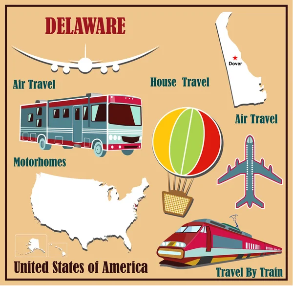 Flache Karte von Delaware in den USA für Flugreisen mit Auto und Bahn. — Stockvektor