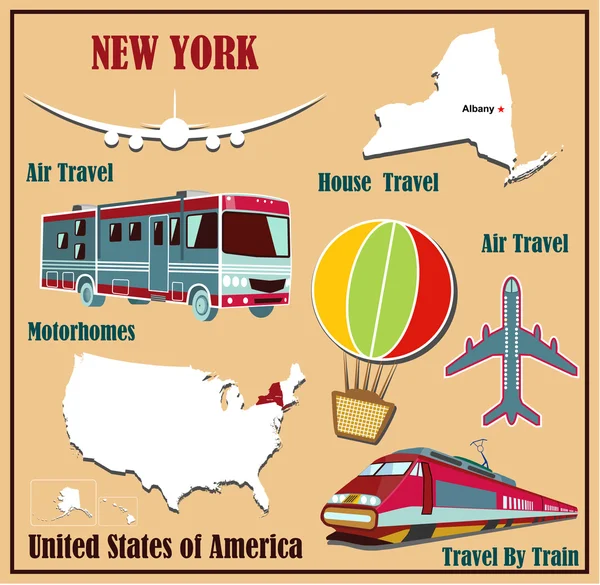 Επίπεδη χάρτη της Νέας Υόρκης στις ΗΠΑ για τα αεροπορικά ταξίδια με το αυτοκίνητο και το τραίνο. — Διανυσματικό Αρχείο
