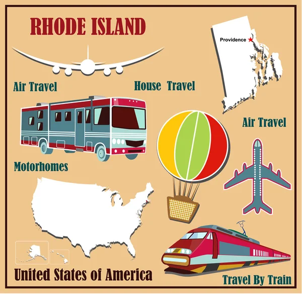Плоская карта Род-Айленда в США для авиаперелетов на машине и поезде . — стоковый вектор