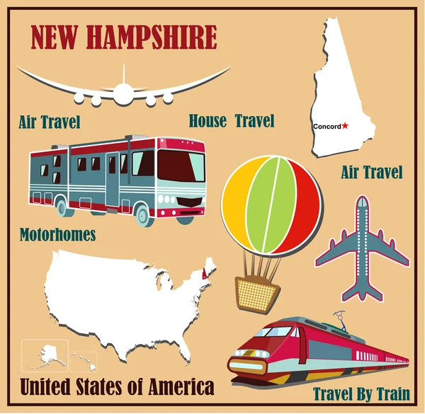 Carte plate de New Hampshire aux États-Unis pour les voyages aériens en voiture et en train — Image vectorielle