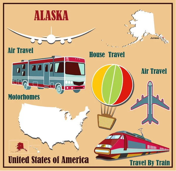 阿拉斯加州位于美国的空中旅行和汽车、 火车的平面地图. — 图库矢量图片