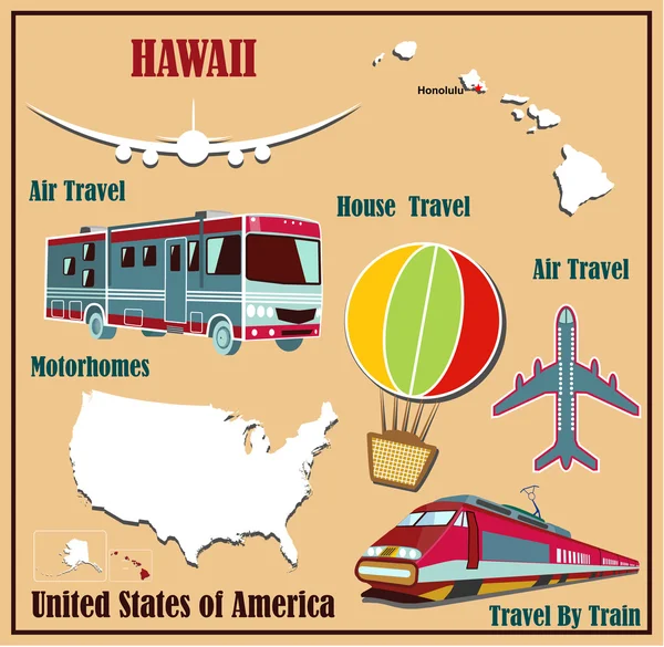 Mapa plano de Hawaii en los Estados Unidos para el transporte aéreo en coche y tren . — Vector de stock