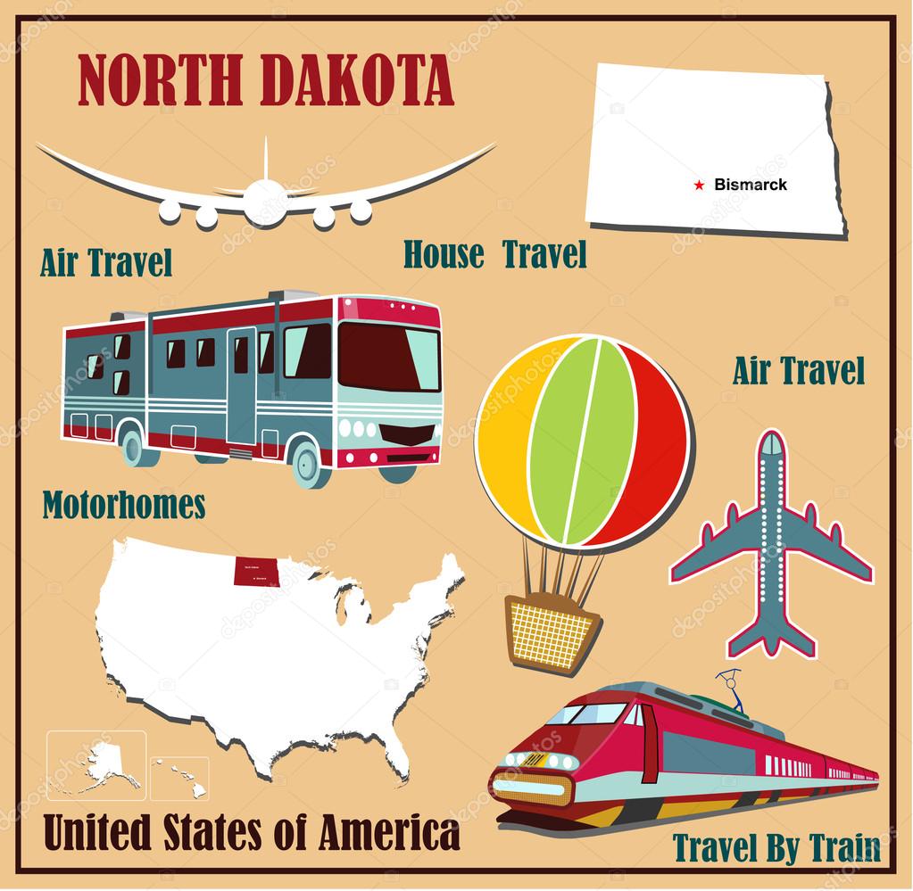 Flat map of North Dakota in the U.S. for air travel by car and train. 