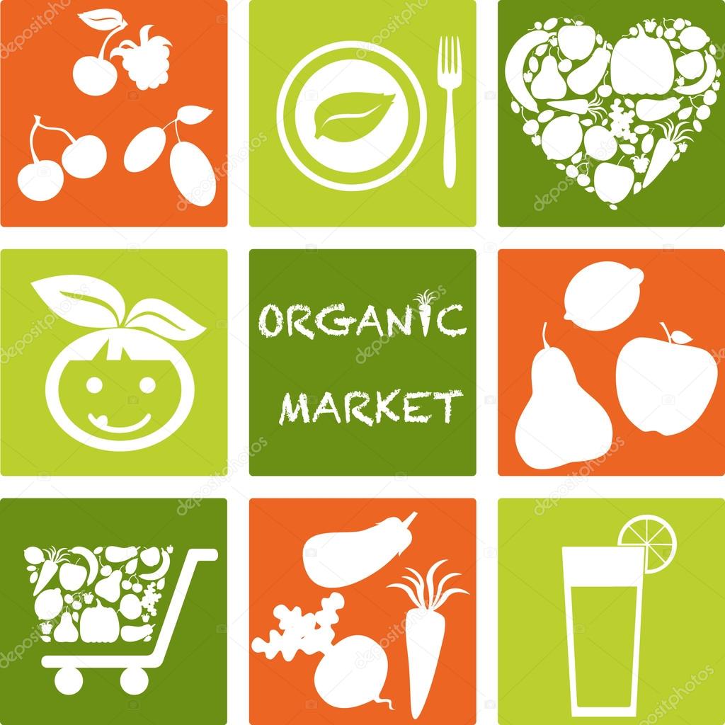 Set of icons - organic market and healthy food. Logos set.