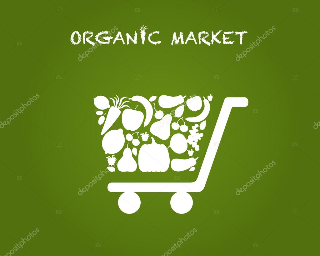 Vector illustration of shopping cart for organic market. Logo of organic market.