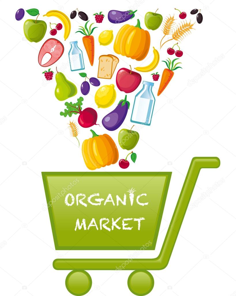 Shopping cart for organic market. Logo of organic market.