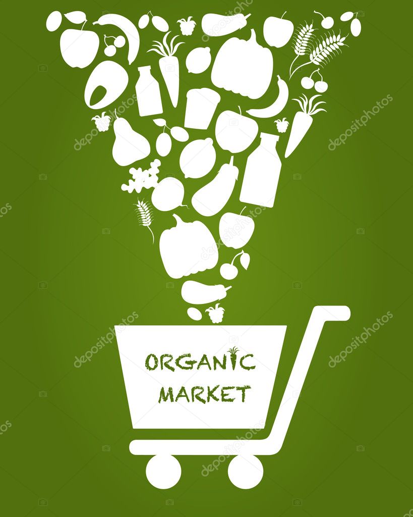 Shopping cart for organic market. Logo of organic market.