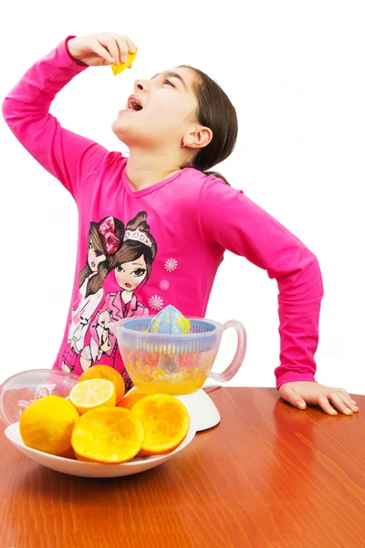 Girl and juicer — Stock Photo, Image