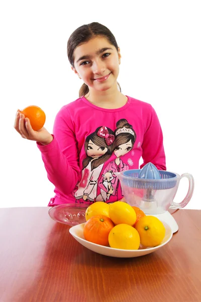 Girl and juicer — Stock Photo, Image