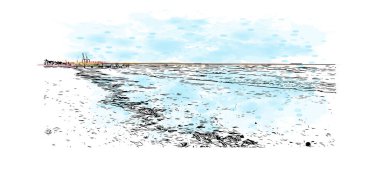 Kıbrıs Rum Kesimi 'nde, Larnaka' nın simgesi olan Print Building manzaralı bir şehir. Vektörde elle çizilmiş resim ile suluboya sıçraması.