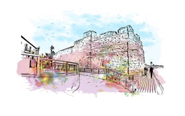 Kıbrıs Rum Kesimi 'nde, Larnaka' nın simgesi olan Print Building manzaralı bir şehir. Vektörde elle çizilmiş resim ile suluboya sıçraması.