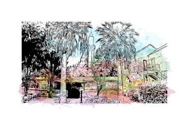 Kıbrıs Rum Kesimi 'nde, Larnaka' nın simgesi olan Print Building manzaralı bir şehir. Vektörde elle çizilmiş resim ile suluboya sıçraması.