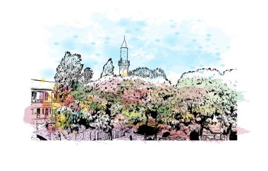 Kıbrıs Rum Kesimi 'nde, Larnaka' nın simgesi olan Print Building manzaralı bir şehir. Vektörde elle çizilmiş resim ile suluboya sıçraması.