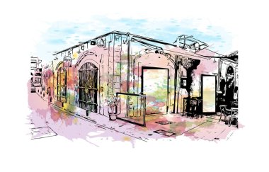 Kıbrıs Rum Kesimi 'nde, Larnaka' nın simgesi olan Print Building manzaralı bir şehir. Vektörde elle çizilmiş resim ile suluboya sıçraması.