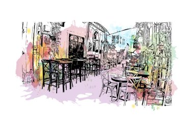 Kıbrıs Rum Kesimi 'nde, Larnaka' nın simgesi olan Print Building manzaralı bir şehir. Vektörde elle çizilmiş resim ile suluboya sıçraması.
