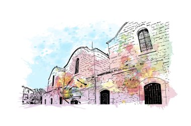 Kıbrıs Rum Kesimi 'nde, Larnaka' nın simgesi olan Print Building manzaralı bir şehir. Vektörde elle çizilmiş resim ile suluboya sıçraması.