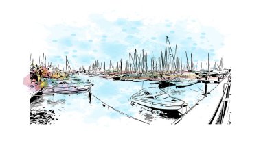 Kıbrıs Rum Kesimi 'nde, Larnaka' nın simgesi olan Print Building manzaralı bir şehir. Vektörde elle çizilmiş resim ile suluboya sıçraması.