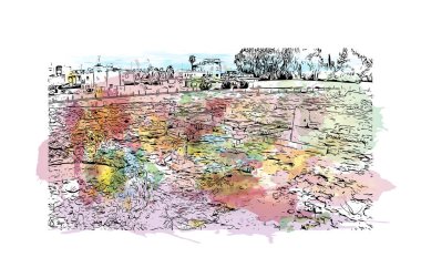 Kıbrıs Rum Kesimi 'nde, Larnaka' nın simgesi olan Print Building manzaralı bir şehir. Vektörde elle çizilmiş resim ile suluboya sıçraması.