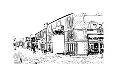 Kıbrıs Rum Kesimi 'nde, Larnaka' nın simgesi olan Print Building manzaralı bir şehir. Vektörde elle çizilmiş çizim çizimi.