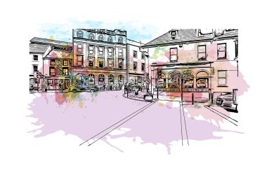 Kilkenny, İrlanda 'nın güneydoğusunda yer alan bir şehirdir. Vektörde elle çizilmiş resim ile suluboya sıçraması.