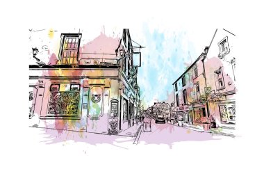 Kilkenny, İrlanda 'nın güneydoğusunda yer alan bir şehirdir. Vektörde elle çizilmiş resim ile suluboya sıçraması.