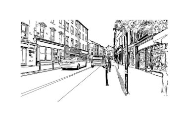 Kilkenny, İrlanda 'nın güneydoğusunda yer alan bir şehirdir. Vektörde elle çizilmiş çizim çizimi.